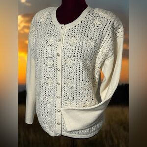 Vtg Robert Scott Seed Pearls Cardigan Sweater Lg Ivory Lambswool Blend Embellish